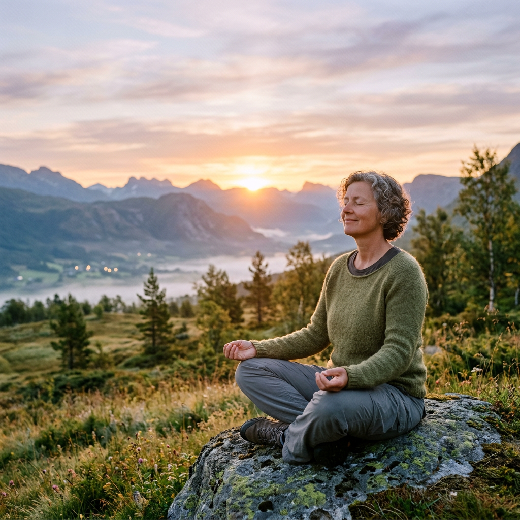 Woman sitting cross-legged on a rock meditating at sunrise in the mountains